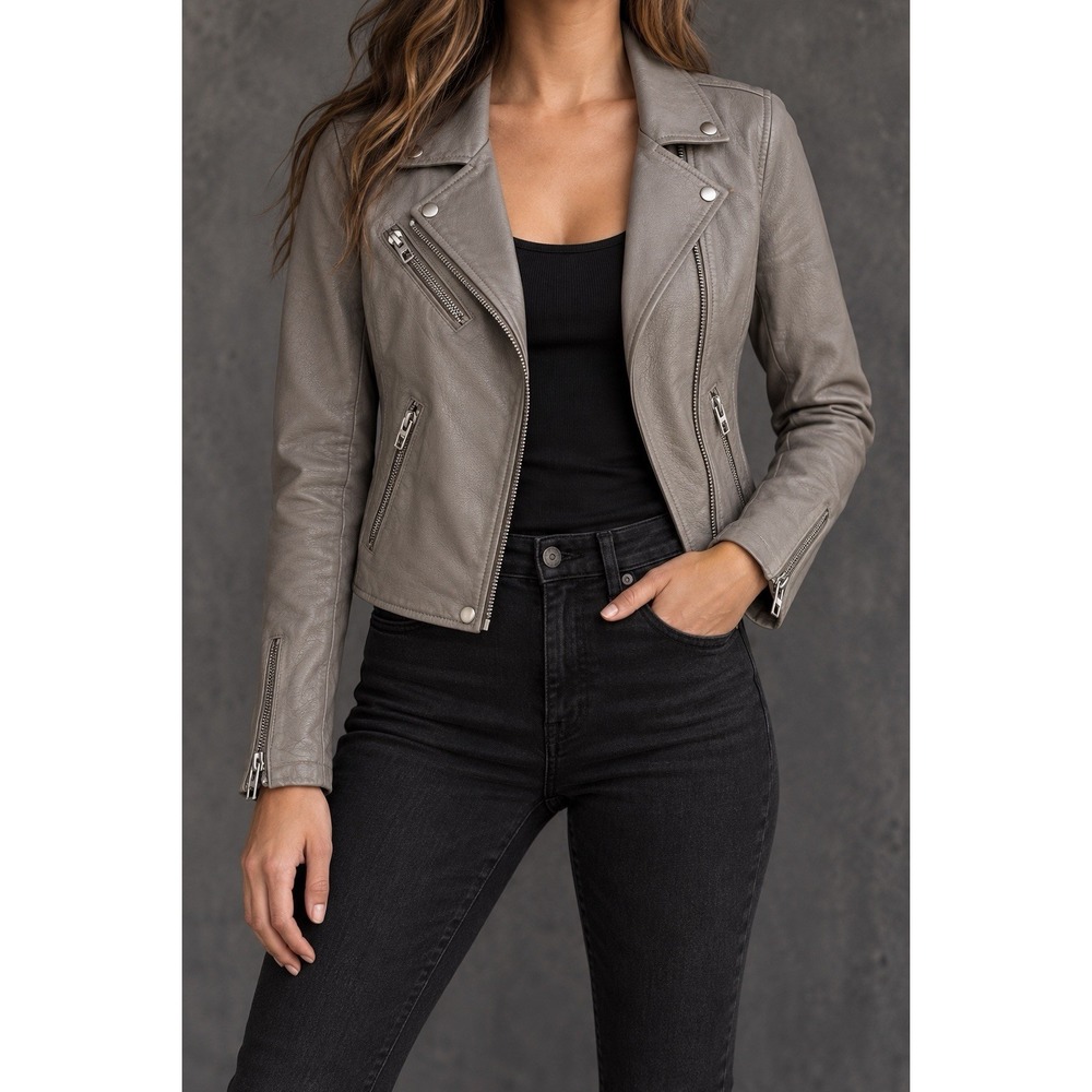 BLANKNYC Women's XS Gray Faux Leather Moto Jacket Vegan Biker Silver Zip